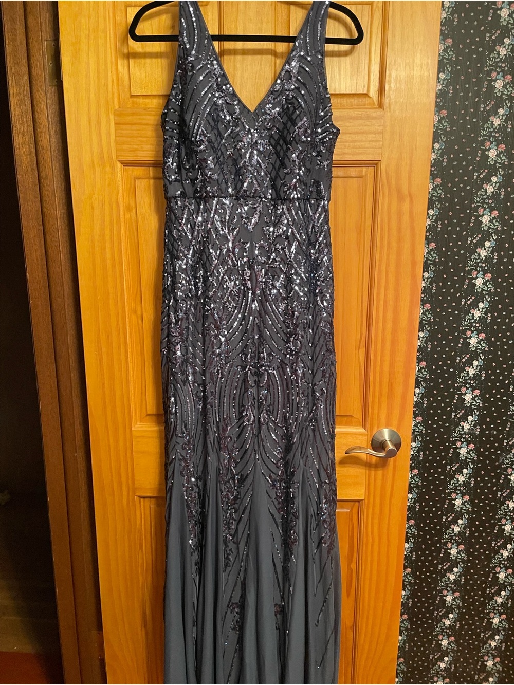 Lina Gunmetal Sequin V-Neck Evening Gown